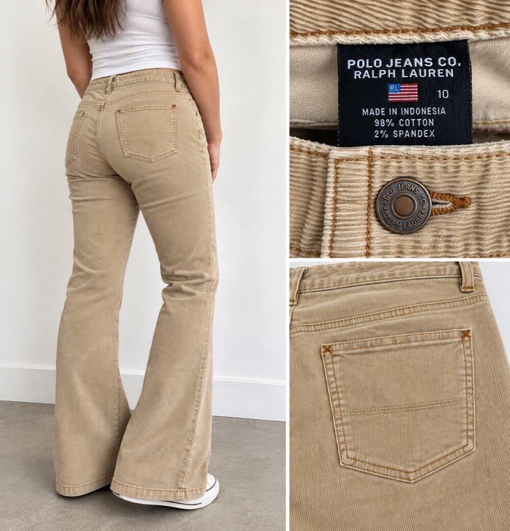 Y2K Indie Polo Jeans Co Ralph Lauren Women's Flare Corduroy Pants Size 10 Khaki
